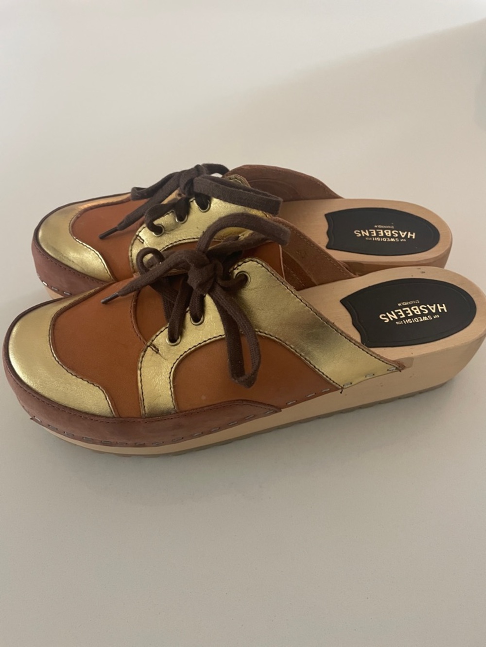 Swedish Hasbeens Metallic Gold and Brown Leather Clog Mules